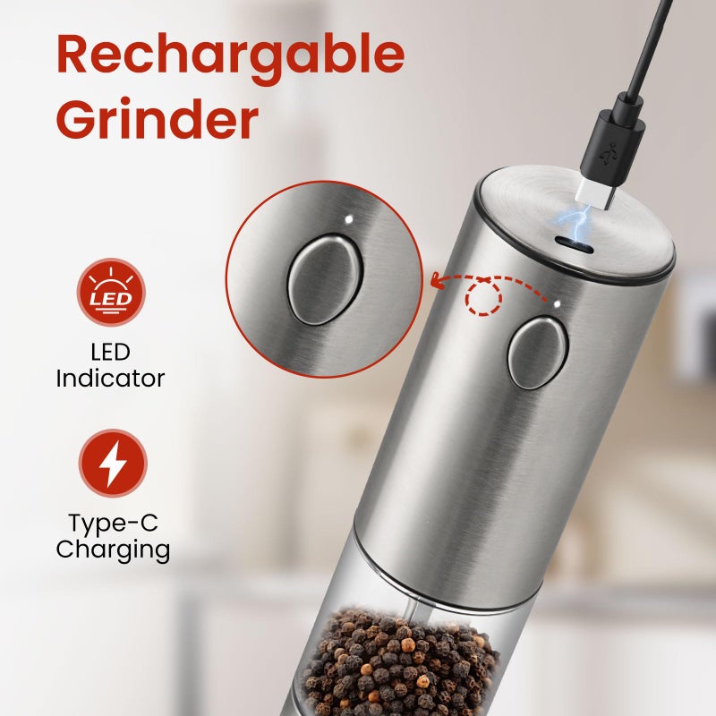 Newise Electric Salt and Pepper Grinder Set  Rechargeable Stainless Steel Automatic Mill Shakers with 6 Adjustable Coarseness and LED Light  Mothers Day Gifts for Mom Wife Friends  2 Pack - Image 2